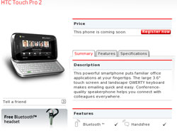 HTC Touch Pro 2 on Vodafone UK website